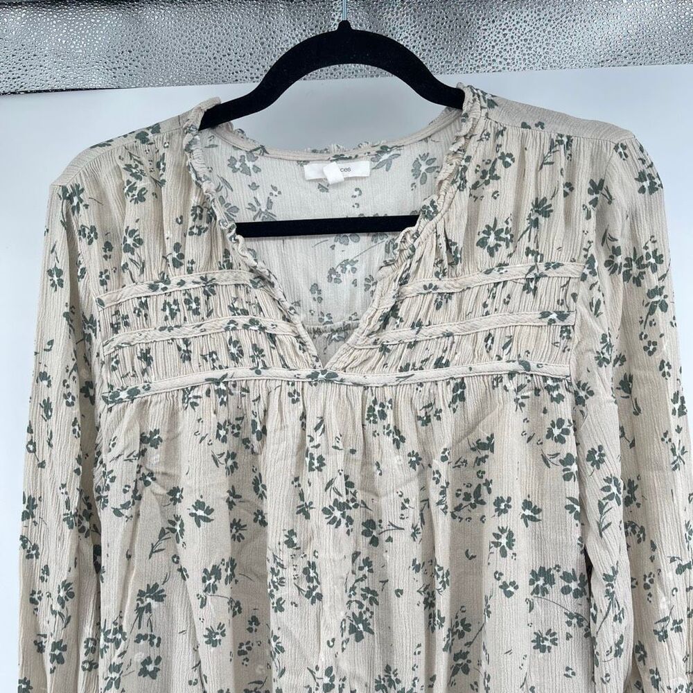 Maurices Large Oatmeal Floral Peasant Top Ruffle V-Neck Long Sleeve 100% Rayon - Picture 3 of 14